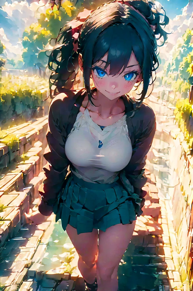 (masterpiece), (high resolution 8K), professional illustration, 1 girl, late teenage, walking, turn around, arched back, full body, dutch angle, bird's eye view, hoody, mini-skirt, back pack, blue hair, smile, looking away, sea, night, high contrast, professional lighting, stunning face, symmetrical clear eyes, detailed eyes and face,ponytail