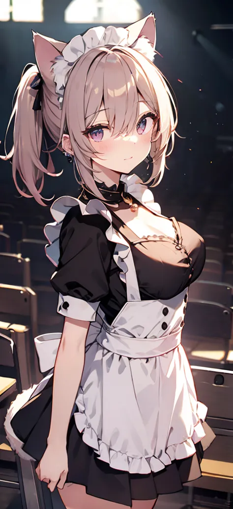 high resolution、off the shoulder、browsing caution、real skin、big earrings、necklace、cowboy shot、((cat ear maid outfit))、((very clo...