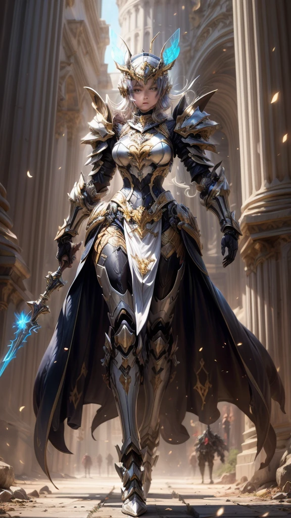 Woman wearing fantasy style full body armor, Crown concept fully enclosed helmet，Only her eyes are exposed, Layered chest plate, Fully enclosed shoulder and hand guards, Lightweight waist armor, Fitted shin pads, Overall design heavy-duty and flexible, (The armor shimmered with golden light, With red and blue accents), Show a noble aura, She floats above a fantasy and surreal high-tech city, This character embodies an elaborate anime style armored hero in a fantasy surreal style, Exquisite and mature comic art style, (A hybrid of Queen Bee and concept armor, plasma), ((element, elegant, goddess, woman:1.5)), metallic color, HD, best quality, high resolution, Super detailed, Ultra-fine coating, extremely refined, professional, anatomically correct, symmetrical face, Extremely detailed eyes and face, High quality eyes, creativity, original photo, 超HD, 32k, Natural light, movie lighting, masterpiece-anatomy-perfect, masterpiece:1.5