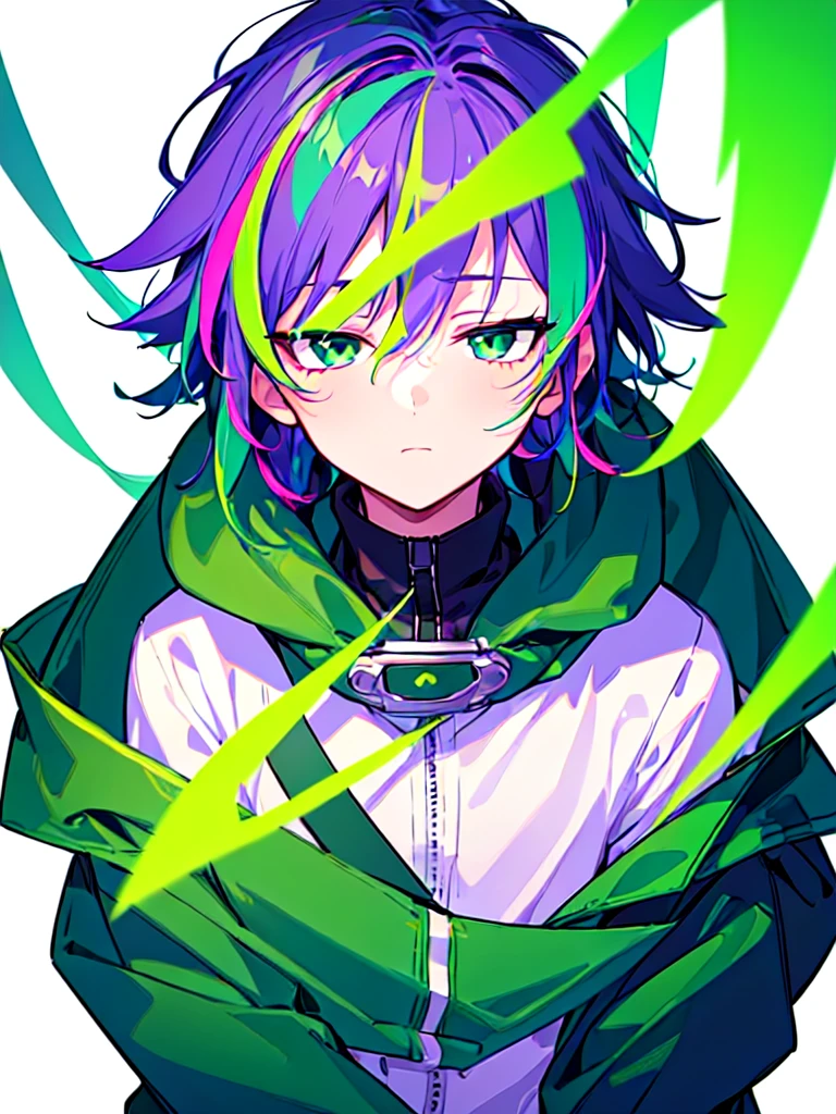 [(WHITE BACKGROUND:1.5),::5], ((((masterpiece)))), high quality, ultra very high resolution, full color, (((solo))), ((little boy)), Purple hair, ((Green streaked hair)), (Green eyes), anime, ((upper body)), neon light, black parka, 