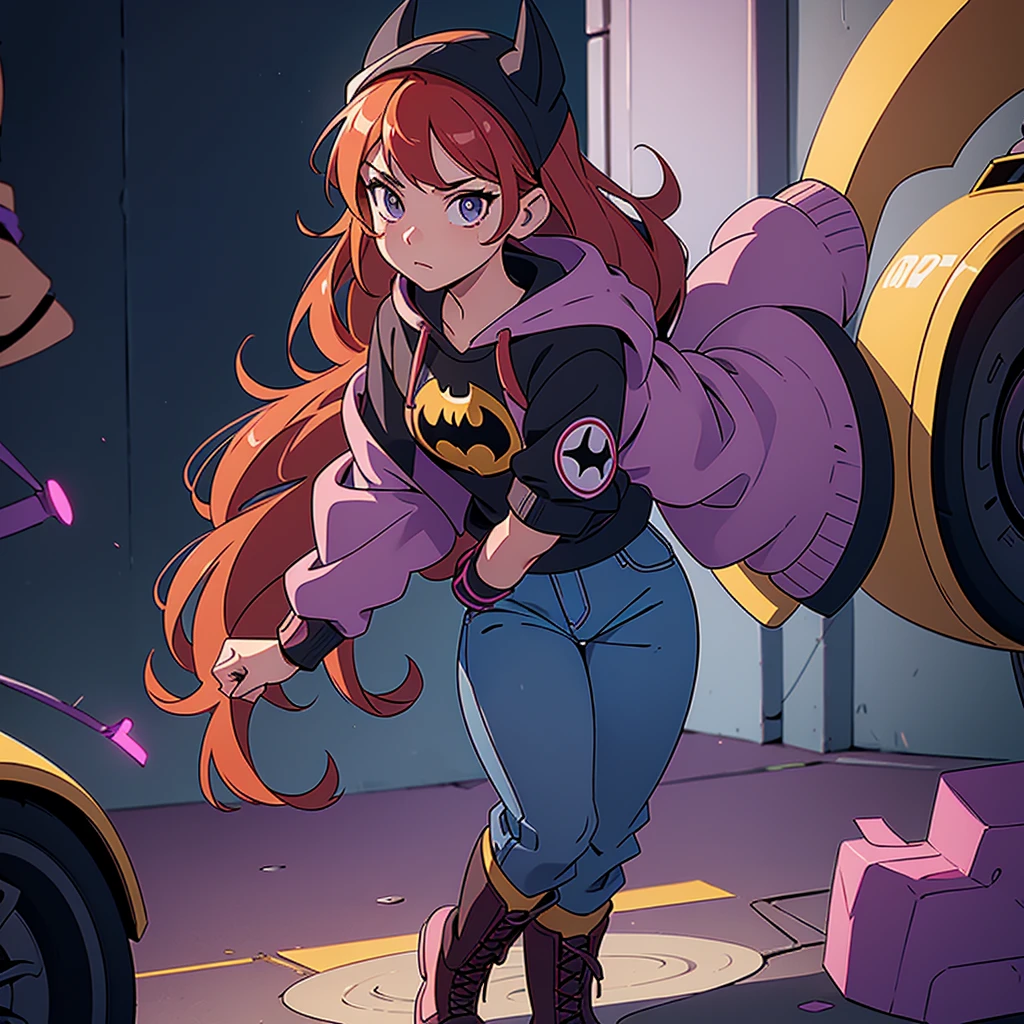 I want you to make an illustration in Disney 2D animation style.  The character is a young teenager of approximately 18 years old.  She has red hair that reaches below her shoulders and is wearing an open purple jacket with a hood on her head and underneath the jacket she is wearing a black t-shirt with the Batman symbol.  She is wearing dark jeans and, on her feet, she is wearing yellow combat boots.