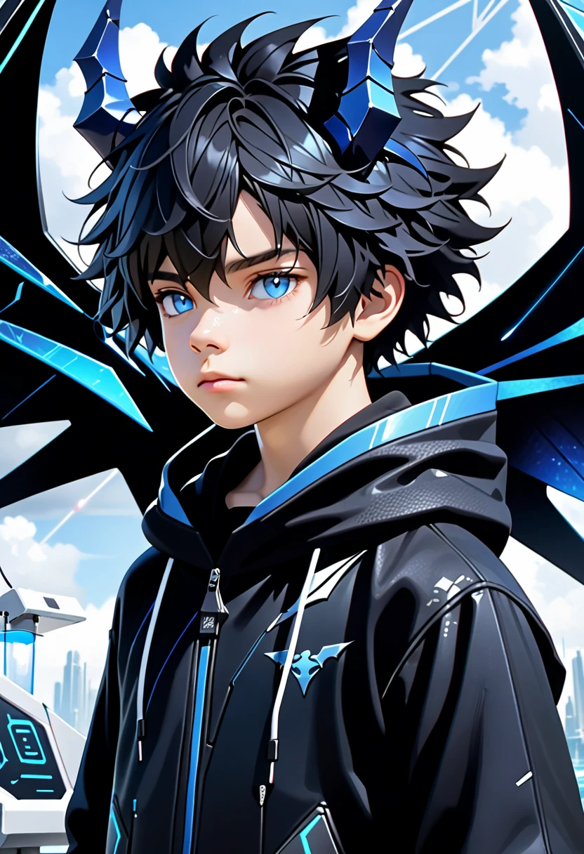 masterpiece, highest quality, highest resolution, clear_image, photo realistic, detailed details, black hair, bangs, scruffy hair, blue demon horn, 1 teen boy, sky blue eyes, black hoodie, Blue futuristic halo, futuristic dragon wings, beautiful, upper body, no water marks, laboratory, no extra limps, no extra body