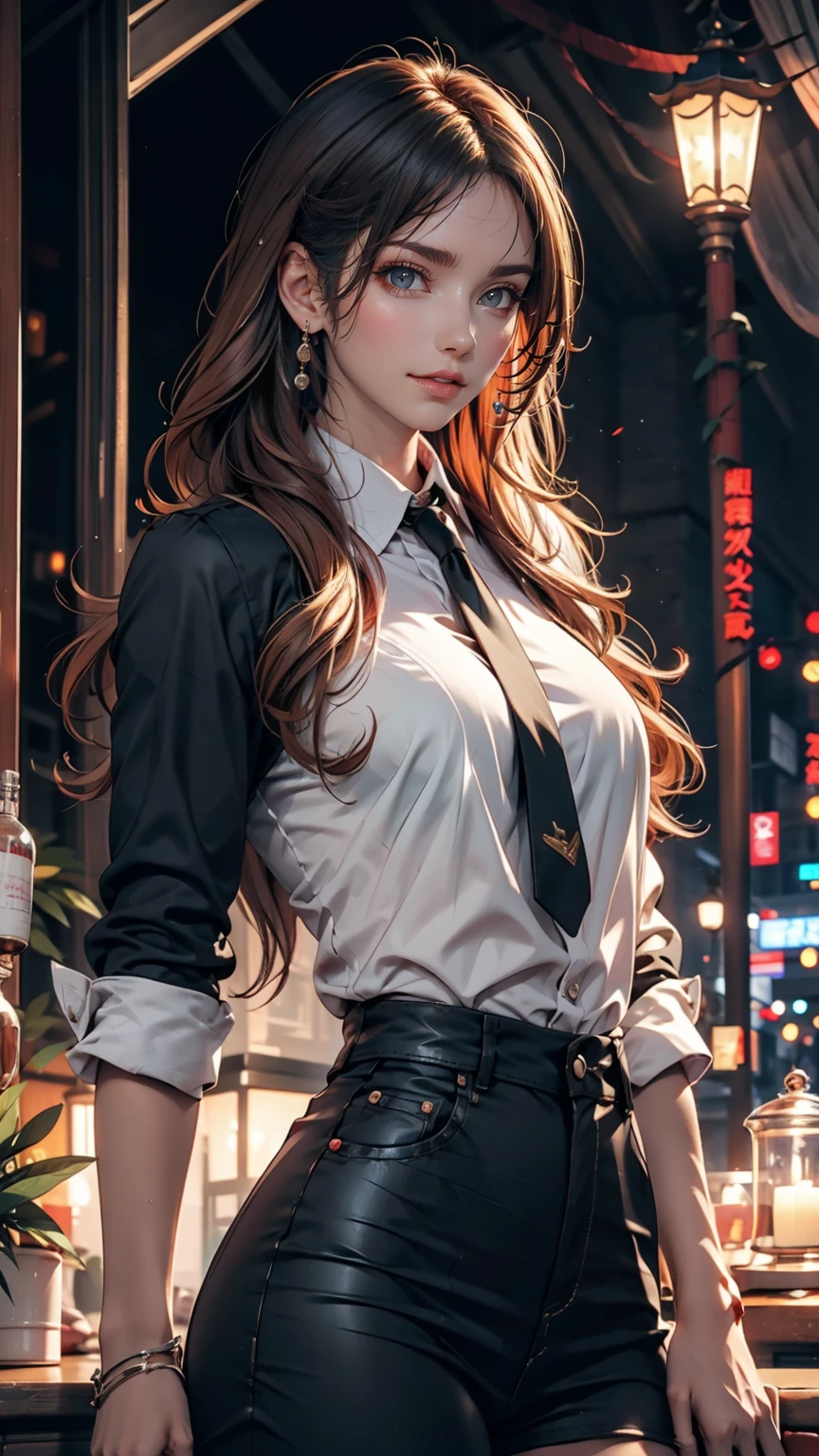 ((最high quality, 8K, masterpiece: 1.3, Ultra HD, high quality, 最high quality, High resolution, realism)) 、22 year old Caucasian female、The hair  is reddish、My hair is wavy、Eye color: green、Long Hair、Tie your hair back、thin、smile、clear figures、I&#39;Wearing stiletto heels、smile、Wear accessories on your wrist、胸の谷間がappearハイネックのニットドレスを着ている、The background is blurred、Leaning on the parapet of London Bridge、にはBig Benがある((Big Ben))((elizabeth tower))appear