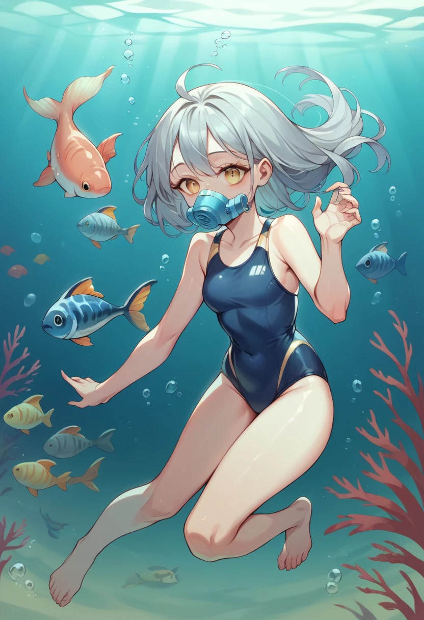 Masterpiece, high quality, Women, long gray hair, gold eyes, small swimsuit, blue, with artificial respirators on the back, swimming underwater, barefoot, a bottom fish tank, with some gold fish 