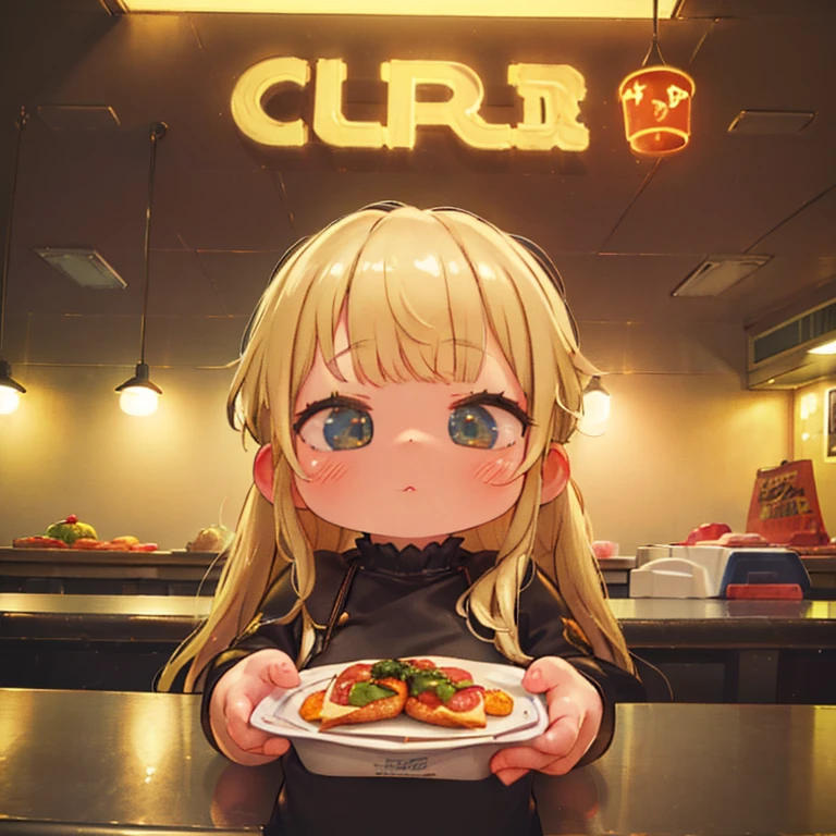 (Top quality, Ultra HD, Ultra high resolution, realistic masterpiece) 1 girl, ((Mini cute girl)))((Long blonde hair girl)), (Realistic: 1.4), RAW photo, Sharp focus, 80s diner style fast food restaurant, 🍔, 🍕, 🍟, cola, subdued lighting