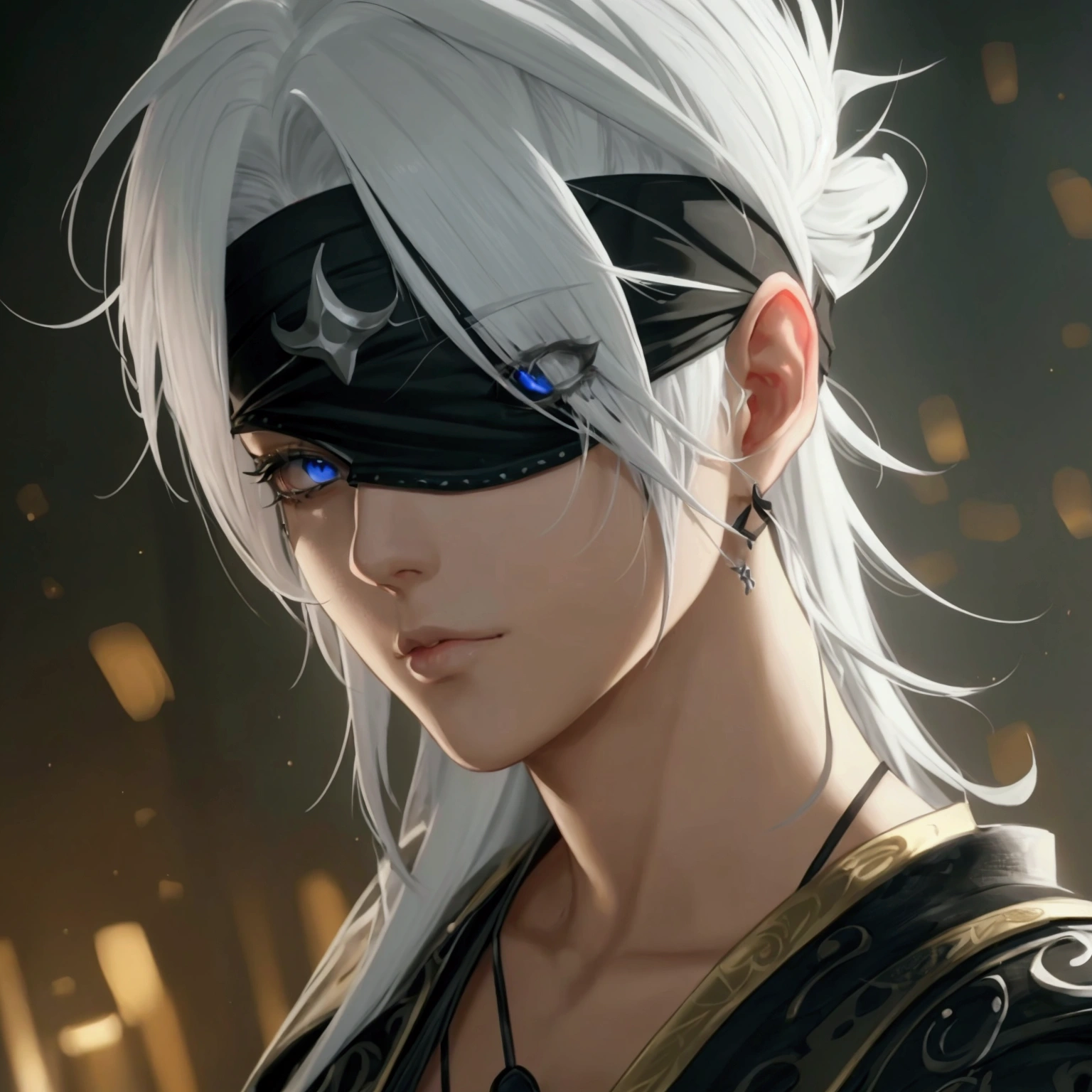 a beautiful men with white hair blind, wearing a headband over her eyes, anime style, detailed face, detailed eyes, detailed anatomy, detailed clothing, masterpiece, ultra-detailed, 4k, cinematic lighting, vibrant colors, dramatic lighting, highly detailled, 4k, perfect, oeuvre d'art, beautiful