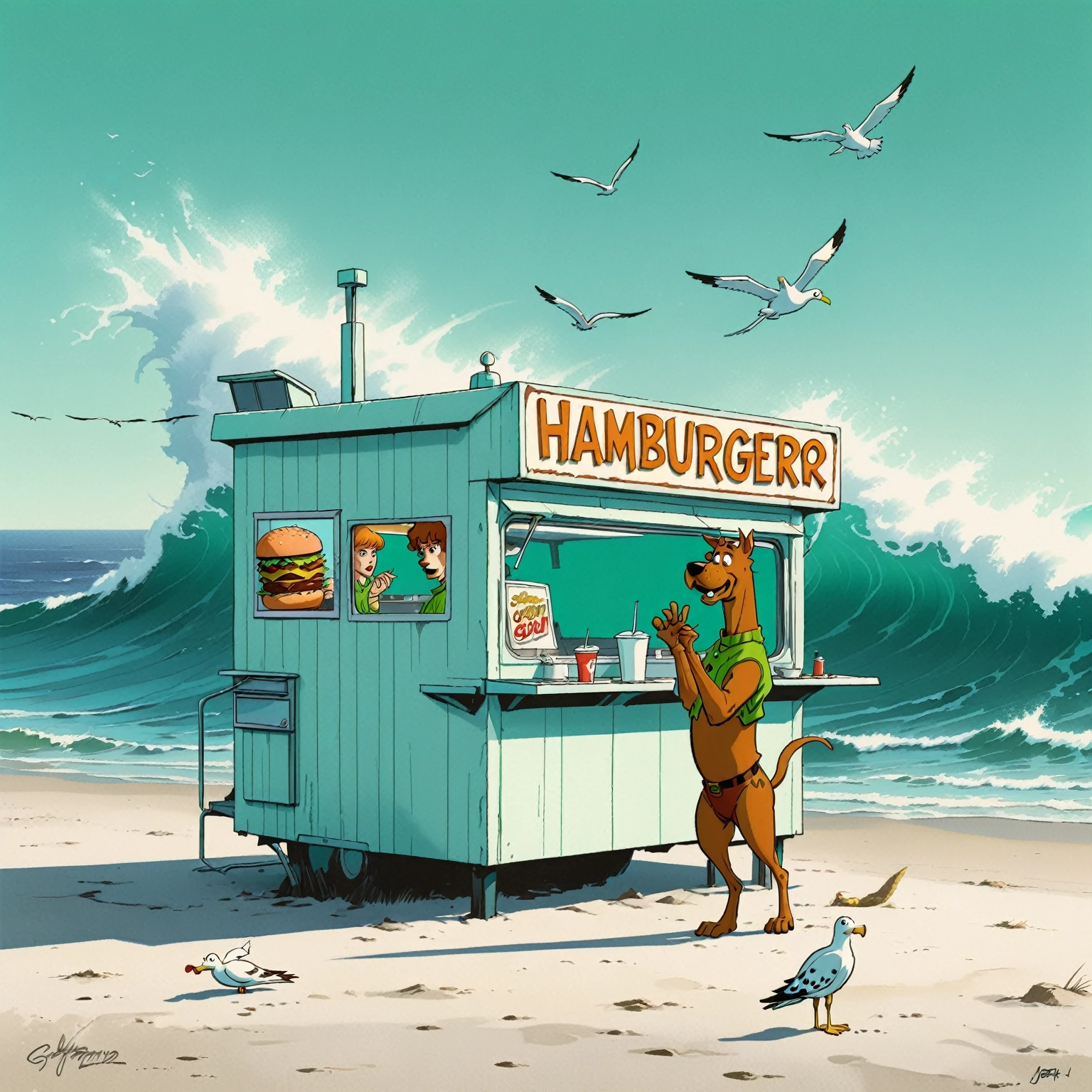 Scooby Doo unterscheidet sich vom Original-Cartoon, Fast-Food-Bude am Meer, betrieben von Scooby Doo und Shaggy, Wellen, Meeresbriese, Möwen,  Die Szene ist minimal, serene, perfekt, strange, offen, filmisch, surreal, und zeitlos. Der Hamburgergrill ist im Weltraum verloren gegangen, vor einer leeren Leinwand stehen. Der Stil ist eine Mischung aus Realismus und Cartoon, mit 90er Comic-Ästhetik, ausdrucksstarke Tuschezeichnung, filmisch compositions, und nuancierte Details. Der Stil erinnert an Joelle Jones und die Scooby-Doo-Zeichentrickserie der 90er, Shaggy trägt tropischen grünen Pullover, Scooby Doo unverwechselbarer Kunststil,
