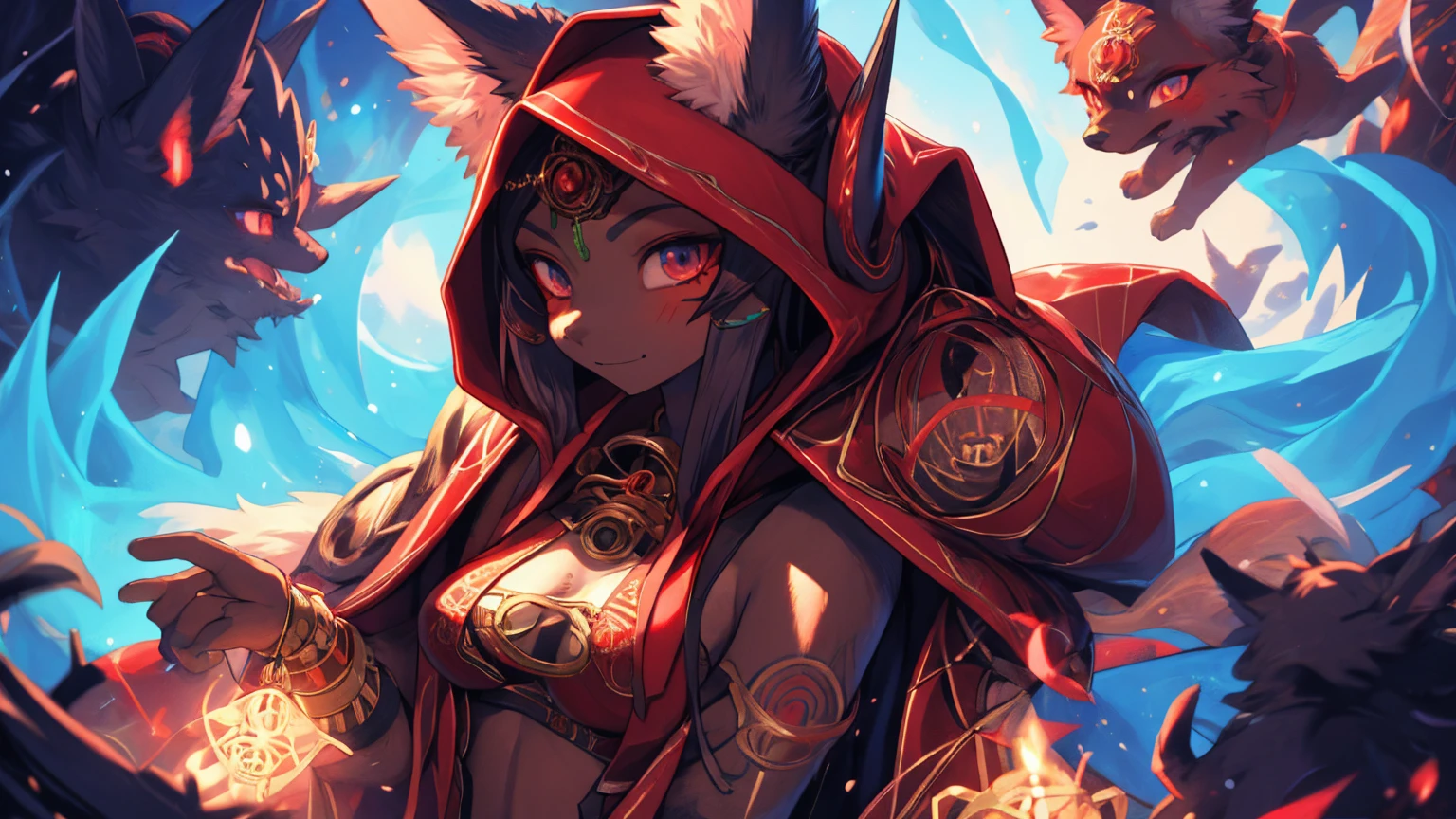 Stylized anime cinematic artwork., fluffy hairy antrum, female, hoodie, Bermuda, single queue, subsurface dispersion, soft lines, Caustics, hyperrealistic painting high definition, kitsune ears, tribal tattoo, Fancy girl, Small breasts add_detail, magician girl add_detail, 