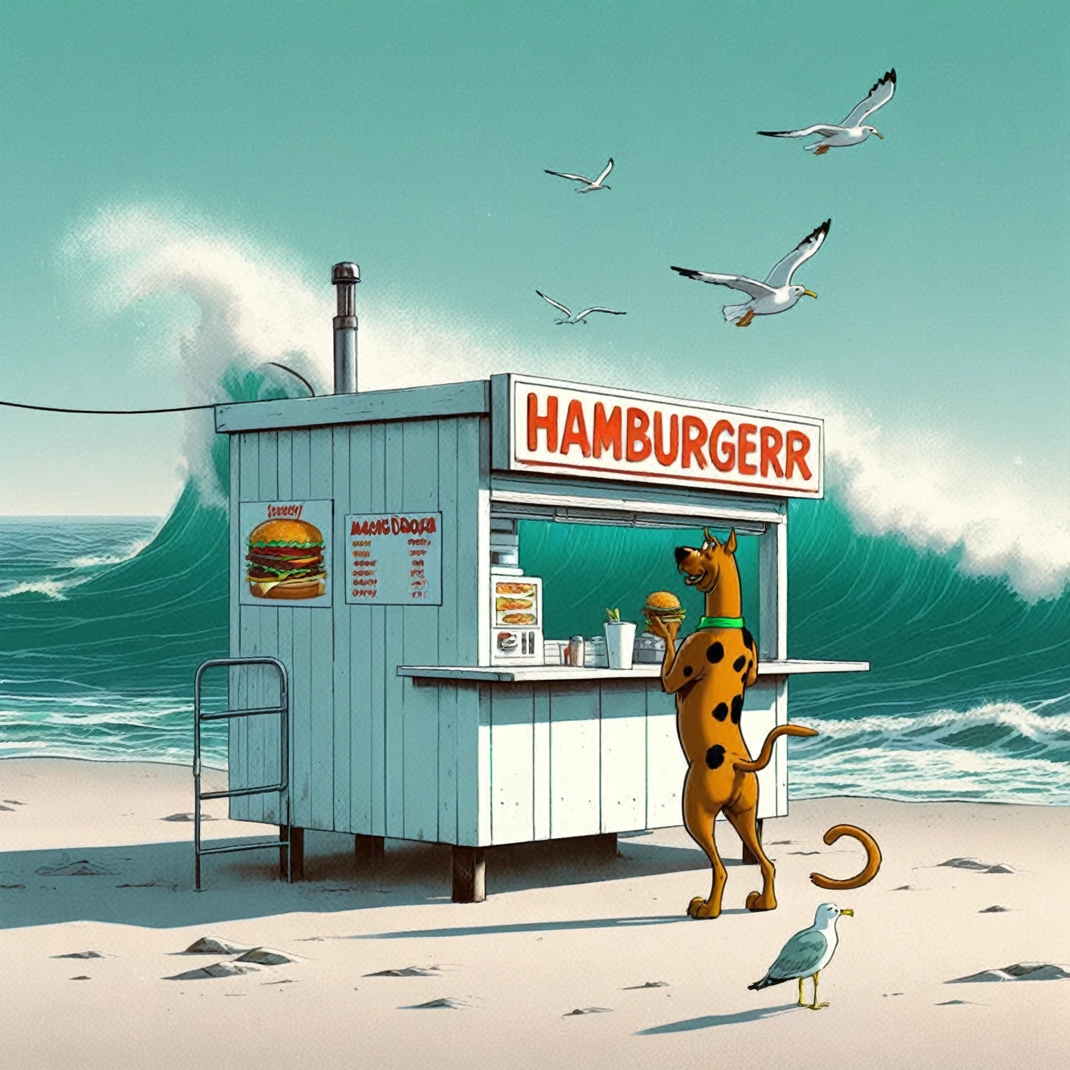 Scooby Doo unterscheidet sich vom Original-Cartoon, Fast-Food-Bude am Meer, betrieben von Scooby Doo und Shaggy, Wellen, Meeresbriese, Möwen,  Die Szene ist minimal, serene, perfekt, strange, offen, filmisch, surreal, und zeitlos. Der Hamburgergrill ist im Weltraum verloren gegangen, vor einer leeren Leinwand stehen. Der Stil ist eine Mischung aus Realismus und Cartoon, mit 90er Comic-Ästhetik, ausdrucksstarke Tuschezeichnung, filmisch compositions, und nuancierte Details. Der Stil erinnert an Joelle Jones und die Scooby-Doo-Zeichentrickserie der 90er, Shaggy trägt tropischen grünen Pullover, Scooby Doo unverwechselbarer Kunststil,
