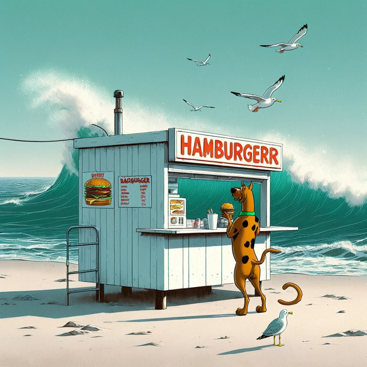 Scooby Doo distinct to original cartoon, ocean front fast food shack, operated by Scooby Doo and Shaggy, waves, sea breeze, seagulls,  The scene is minimal, serene, perfect, strange, candid, cinematic, surreal, and timeless. The hamburger grill is lost in space, standing against a blank canvas. The style is a mix of realism and cartoon, with 90s comic aesthetics, expressive ink work, cinematic compositions, and nuanced details. The style is reminiscent of Joelle Jones and 90's scooby doo animated tv show, shaggy wearing tropical green sweater, scooby doo distinct art style,
