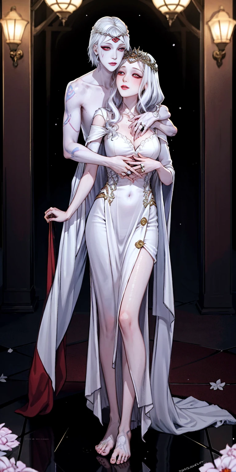 Body position: Standing, straight, symmetrical, barefoot, Lustful smile on face with red blush, 2 girls like Cassia Orsellio white pale skin with red eyes who gets married and stands in front of many people, nsfw, kissing