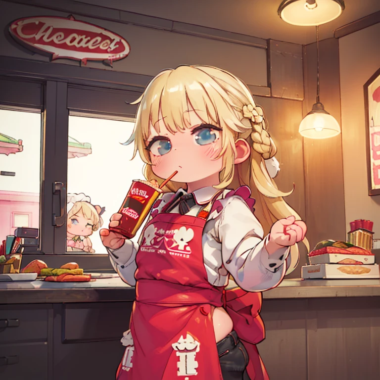 (Top quality, Ultra HD, Ultra high resolution, realistic masterpiece) 1 girl, ((Mini cute beautiful girl)))((Long blonde hair girl)), (Realistic: 1.4), RAW photo, Sharp focus, 80s diner style fast food restaurant, ((Female clerk, small apron with the store name embroidered on it))🍔, 🍕, 🍟, Cola, Calm lighting