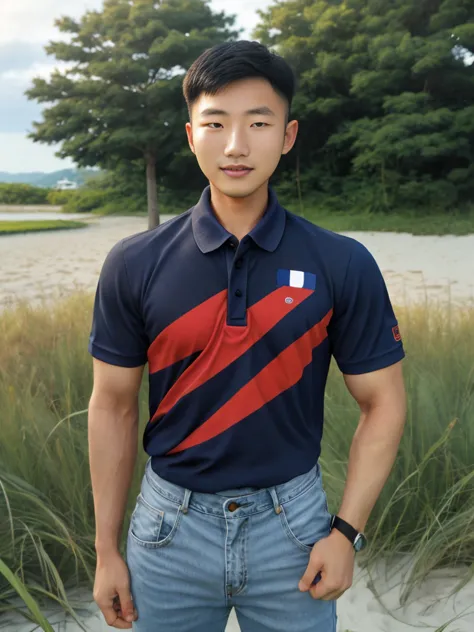 young korean man in a navy blue polo shirt and jeans, a handsome, muscular young asian man looks at the camera. in a simple t-sh...