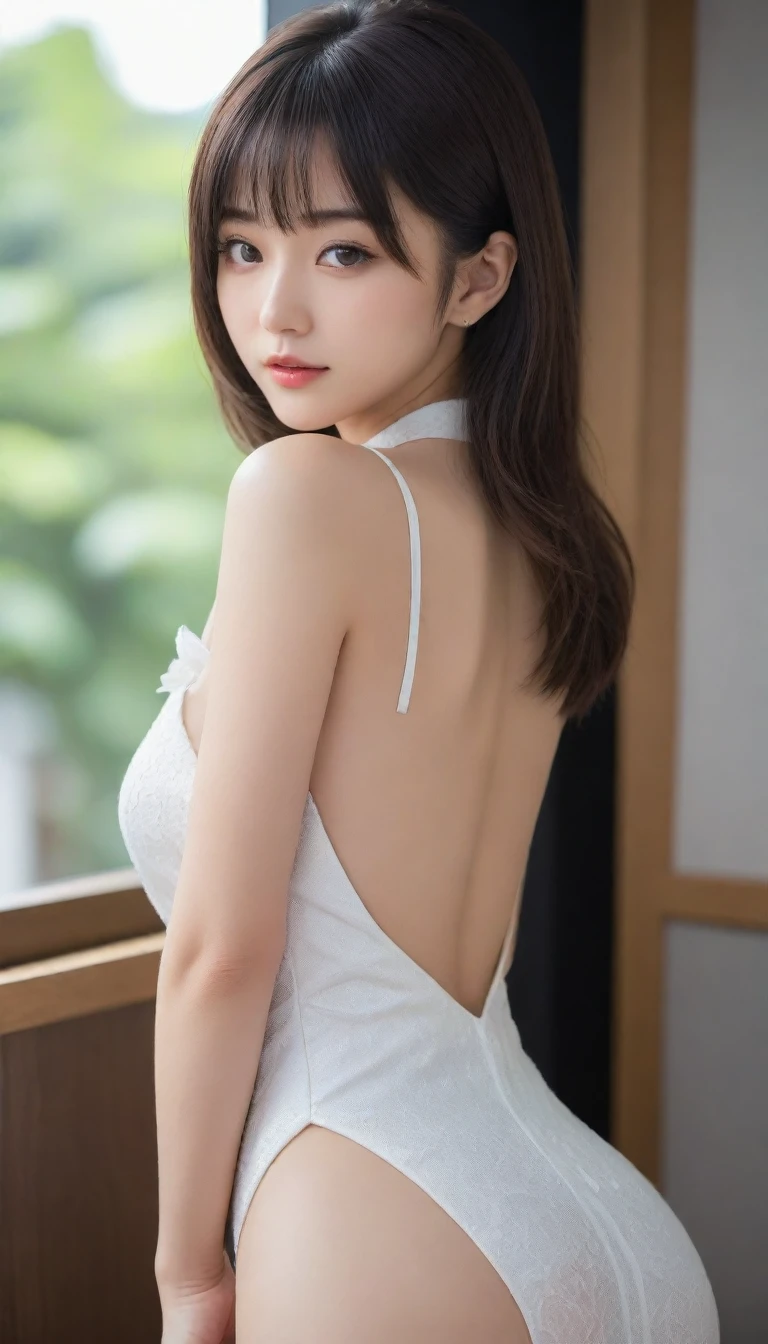 8k, Ultra-high resolution, Highest quality, masterpiece, Rule of thirds photograph,surreal, photograph, 1 Girl,ld:1.3), pretty girl, Cute face, Beautiful eyes in every detail, Detailed,masterpiece,One Girl:1.2, Japan Female Announcer, whole body,from behind,blush,closed eyes,shy,Black Hair,Bob with bangs,White shiny dress,Deep slit,pulling up the hem,Spanking,Captivating ass,Delicate and smooth skin, Realistic Skin, Perfect and beautiful face ,Perfect and cute face, Skin with attention to detail, Perfect limbs、Narrow waist、Thin legs)、Browsing Caution,Beautiful leg line beauty,Looking at the audience、beauty,Long neck、(((Ideal body type))),A cup small breasts :2,、Portraiture:2、Perfect Anatomy、Vividly detailed、detailed、surreal、Light and shadow,Strong light