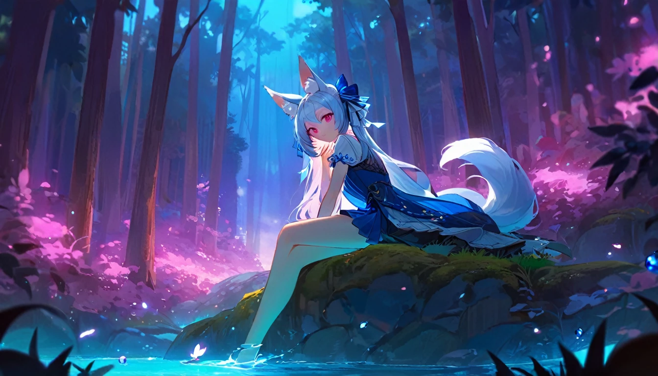 (good job:1 woman, fox ears, fox tail, 하늘색 fox ears, 하늘색 fox tail,hair down to the middle of the back, light blue hair, He wears a white ribbon in his hair., pink eyes, Sky blue hanbok, sitting on a rock in the forest, low angle