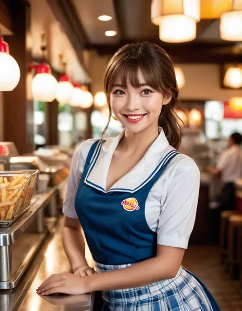 a stunning beauty poses as a fast food worker, donning a crisp uniform and a sassy smile. she wears the traditional waitresses' ...