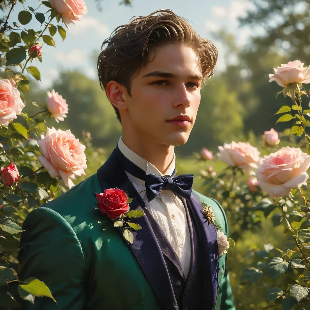 Create an image of a young man inspired by the characteristics of the rose 'The Prince.' He should be standing with a relaxed yet confident posture, one hand resting lightly on a hip while the other gently brushes against a rose bush. His clothing should feature deep, rich colors like dark purple and crimson, with a tailored, Victorian-inspired suit adorned with intricate embroidery and subtle thorn-like details on his accessories. His attire should echo the complex, multi-petaled structure of the rose, with layers and textures that add depth to his appearance.

The composition should center on the young man, with a slight off-center placement to draw the eye towards him while still incorporating the lush, green garden background. The lighting should be soft and diffused, with golden-hour sunlight filtering through the leaves, creating a warm, inviting atmosphere. Use a shallow depth of field to keep the focus on the subject while gently blurring the background, enhancing the dreamy, almost ethereal quality of the scene.

The environment should be a well-tended garden, with glossy green leaves and blooming roses that match the man's attire, creating a harmonious blend between the subject and his surroundings. The atmosphere should be serene and regal, with a hint of mystery and romance.

Photography techniques should include a low-angle shot to emphasize the young man's stature and elegance, and a slight tilt to add a dynamic element to the composition. Use a full-frame DSLR or mirrorless camera, such as a Canon EOS R5 or a Sony A7R IV, paired with a prime lens like an 85mm f/1.4 to achieve a beautiful bokeh effect and sharp subject focus.

For inspiration, consider the works of photographers like Tim Walker, known for his fantastical and richly detailed fashion photography, which often features elements of nature and a dreamlike quality.