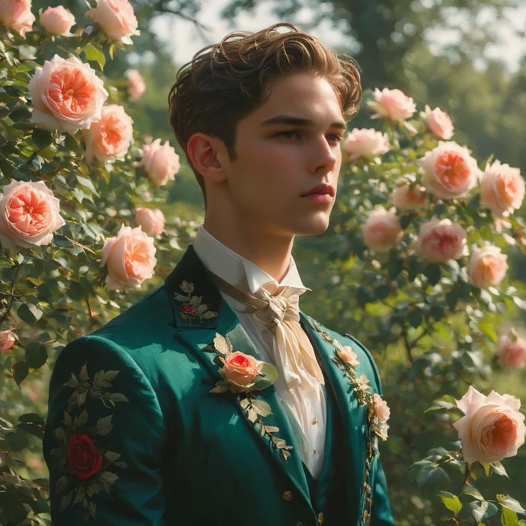 Create an image of a young man inspired by the characteristics of the rose 'The Prince.' He should be standing with a relaxed yet confident posture, one hand resting lightly on a hip while the other gently brushes against a rose bush. His clothing should feature deep, rich colors like dark purple and crimson, with a tailored, Victorian-inspired suit adorned with intricate embroidery and subtle thorn-like details on his accessories. His attire should echo the complex, multi-petaled structure of the rose, with layers and textures that add depth to his appearance.

The composition should center on the young man, with a slight off-center placement to draw the eye towards him while still incorporating the lush, green garden background. The lighting should be soft and diffused, with golden-hour sunlight filtering through the leaves, creating a warm, inviting atmosphere. Use a shallow depth of field to keep the focus on the subject while gently blurring the background, enhancing the dreamy, almost ethereal quality of the scene.

The environment should be a well-tended garden, with glossy green leaves and blooming roses that match the man's attire, creating a harmonious blend between the subject and his surroundings. The atmosphere should be serene and regal, with a hint of mystery and romance.

Photography techniques should include a low-angle shot to emphasize the young man's stature and elegance, and a slight tilt to add a dynamic element to the composition. Use a full-frame DSLR or mirrorless camera, such as a Canon EOS R5 or a Sony A7R IV, paired with a prime lens like an 85mm f/1.4 to achieve a beautiful bokeh effect and sharp subject focus.

For inspiration, consider the works of photographers like Tim Walker, known for his fantastical and richly detailed fashion photography, which often features elements of nature and a dreamlike quality.