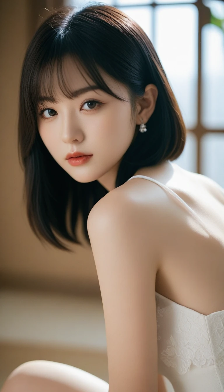 8k, Ultra-high resolution, Highest quality, masterpiece, Rule of thirds photograph,surreal, photograph, 1 Girl,ld:1.3), pretty girl, Cute face, Beautiful eyes in every detail, Detailed,masterpiece,One Girl:1.2, Japan Female Announcer, whole body,from behind,blush,closed eyes,shy,Black Hair,Bob with bangs,White shiny dress,Deep slit,pulling up the hem,Spanking,Captivating ass,Delicate and smooth skin, Realistic Skin, Perfect and beautiful face ,Perfect and cute face, Skin with attention to detail, Perfect limbs、Narrow waist、Thin legs)、Browsing Caution,Beautiful leg line beauty,Looking at the audience、beauty,Long neck、(((Ideal body type))),A cup small breasts :2,、Portraiture:2、Perfect Anatomy、Vividly detailed、detailed、surreal、Light and shadow,Strong light