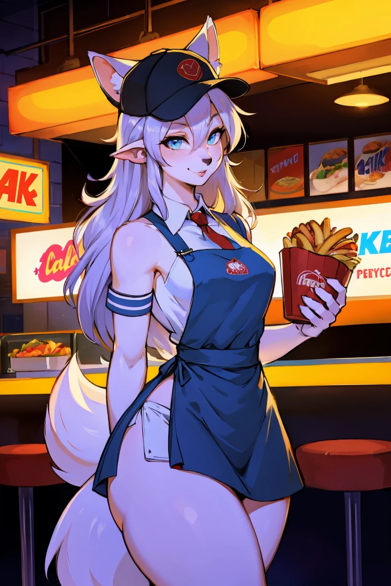 Small animals_ear,Become a,Lovely,hairy_girl,Wolf_girl,Fast Food Worker,The graceful figure,Height 193 cm,Model figure_type,detailed_Eye,silver_hair,Lovely_ear,messy uniform, apron, hat, fry basket, greasy fast food, bright lights, neon signs, modern fast food restaurant interior, cinematic lighting, dramatic shadows, warm color tones,Smile,(front:1.5),(hairy:1.5),Long eyelashes,Flowing chiffon,Well-proportioned body,(Thick thighs:1.1),Perfectly detailed facial features,(perfect detailed Eye:1.5),silky long hair,masterpiece, best quality, Ultra-high quality, Ridiculous details,(best quality,4K,8K,high resolution,masterpiece:1.2),ultra-detailed