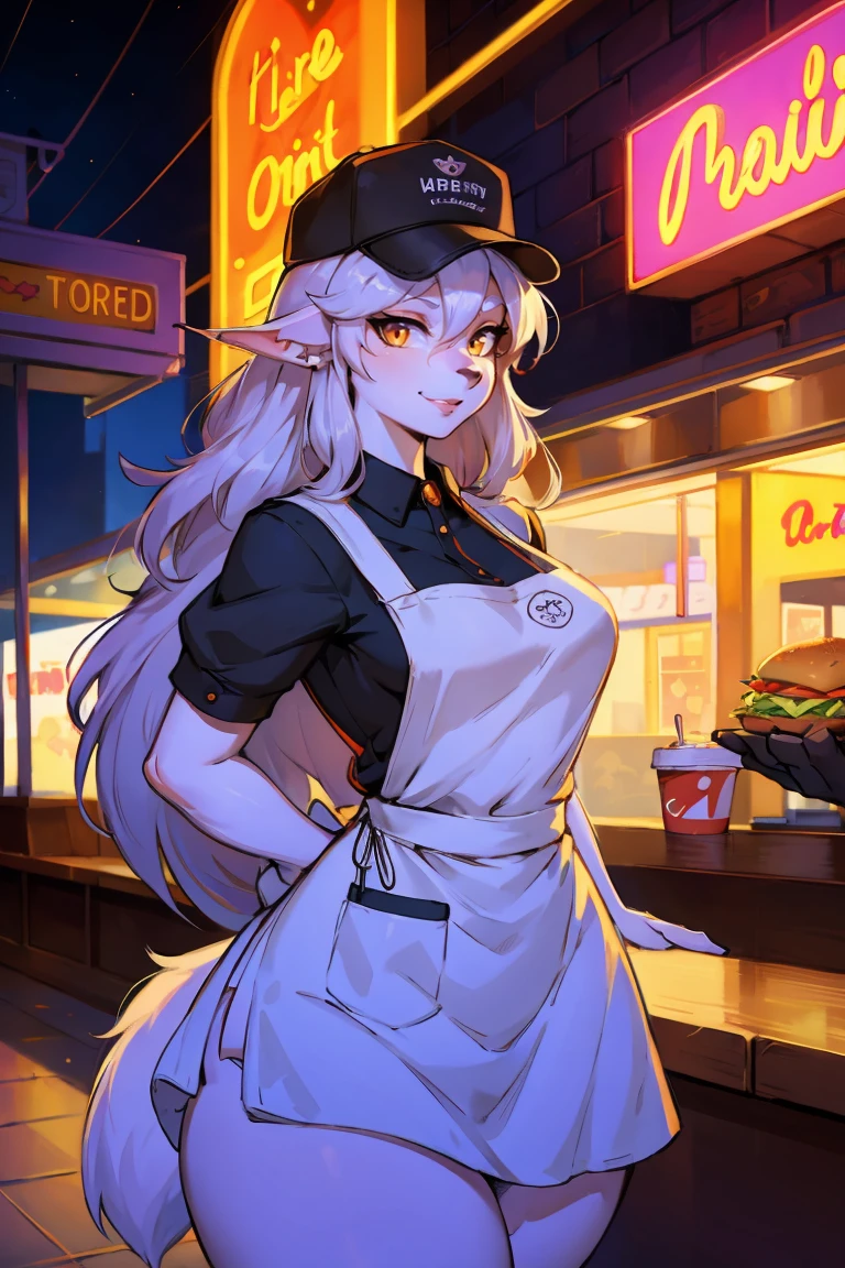 Small animals_ear,Become a,Lovely,hairy_girl,Wolf_girl,Fast Food Worker,The graceful figure,Height 193 cm,Model figure_type,detailed_Eye,silver_hair,Lovely_ear,messy uniform, apron, hat, fry basket, greasy fast food, bright lights, neon signs, modern fast food restaurant interior, cinematic lighting, dramatic shadows, warm color tones,Smile,(front:1.5),(hairy:1.5),Long eyelashes,Flowing chiffon,Well-proportioned body,(Thick thighs:1.1),Perfectly detailed facial features,(perfect detailed Eye:1.5),silky long hair,masterpiece, best quality, Ultra-high quality, Ridiculous details,(best quality,4K,8K,high resolution,masterpiece:1.2),ultra-detailed