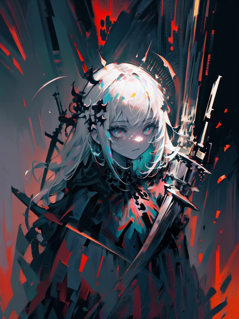 (a girl with) Aura-like gothic lighting, realistic Gothic-style artwork, detailed skeleton impaling itself with a sword in the neck, dark atmospheric background, high-res masterpiece:1.2, ultra-fine painting, professional, vivid colors