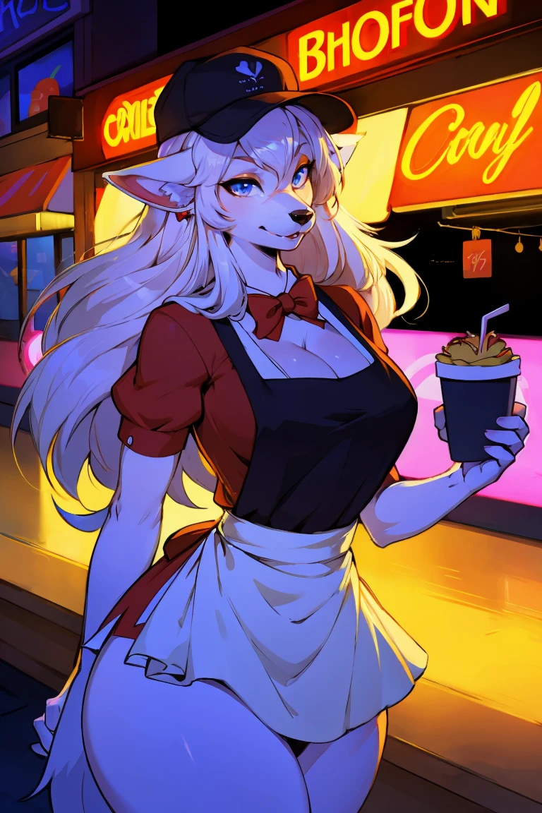 furry_girl,mature female,Lovely,Wolf_girl,Fast Food Worker,The graceful figure,Height 193 cm,Model figure_type,detailed_Eye,silver_hair,Lovely_ear,messy uniform, apron, hat, fry basket, greasy fast food, bright lights, neon signs, modern fast food restaurant interior, cinematic lighting, dramatic shadows, warm color tones,Smile,(front:1.5),(hairy:1.5),Long eyelashes,Flowing chiffon,Well-proportioned body,(Thick thighs:1.1),Perfectly detailed facial features,(perfect detailed Eye:1.5),silky long hair,masterpiece, best quality, Ultra-high quality, Ridiculous details,(best quality,4K,8K,high resolution,masterpiece:1.2),ultra-detailed