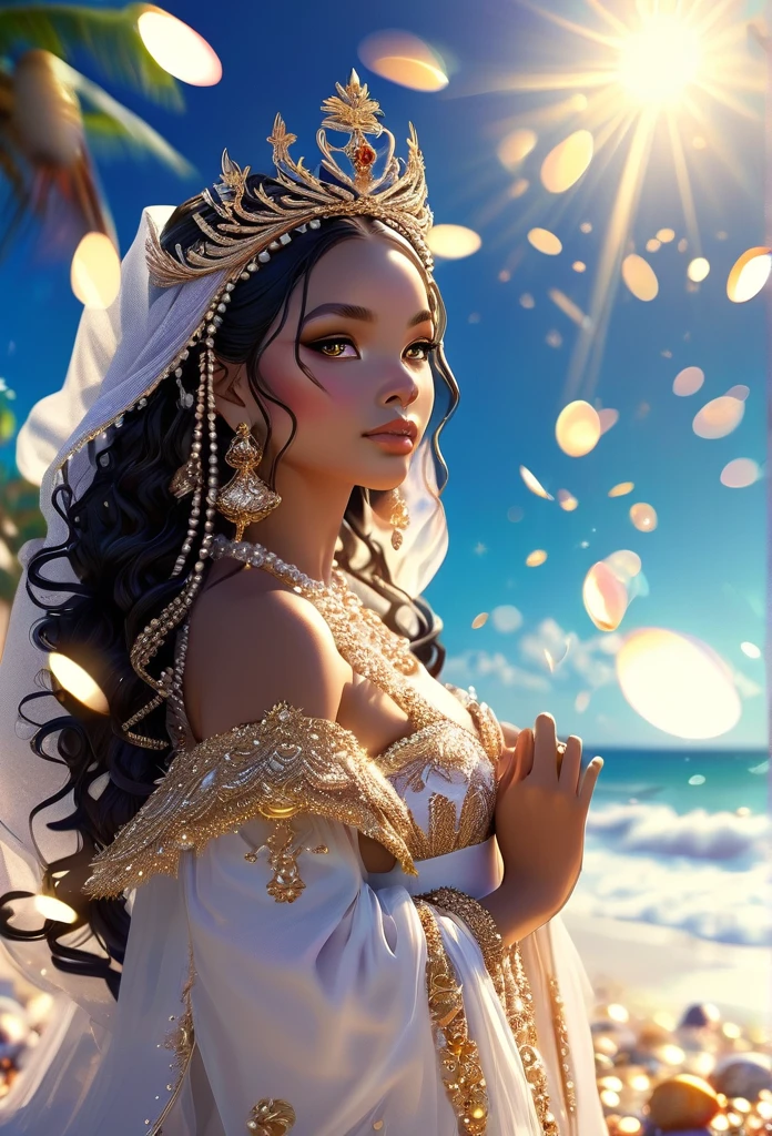 (((QUEEN YEMANJÁ )))on a BEACH with SHELLS STARS OF THE SEA a bright light, Sorceress, beautiful female sorceress, (( Yemanjá UHD ))) With a beautiful crown of shells and pearls, volantes+ribbons+detailed in tone , It should look charming and beautiful, Keep the iconic elements of the original character. Yemanjá must have a sensual round face with large dimensions, clear eyes, long eyelashes and rosy cheeks. Your hair should be in great black tones . Elegant like a queen : Vista-se Chibi em um luxuoso e elegante vestido com detalhes standingrolas dourada . She wears a veil on the shore, The character&#39;s costume is a beautiful light blue lace dress. . standing, . Magic Accessories: Add charming accessories to the chibi, shell necklaces and earrings .Be sure to add shadows, textures and details in the hair, yemanjá accessories, to make you even more charming and charming. Give him a smiling expression and a smile on his face, Capturing the essence of the character in a subtle way, Delicate hands,( beach scenery, deep surrealistic landscape, yemanjá and its mermaids ) 16K