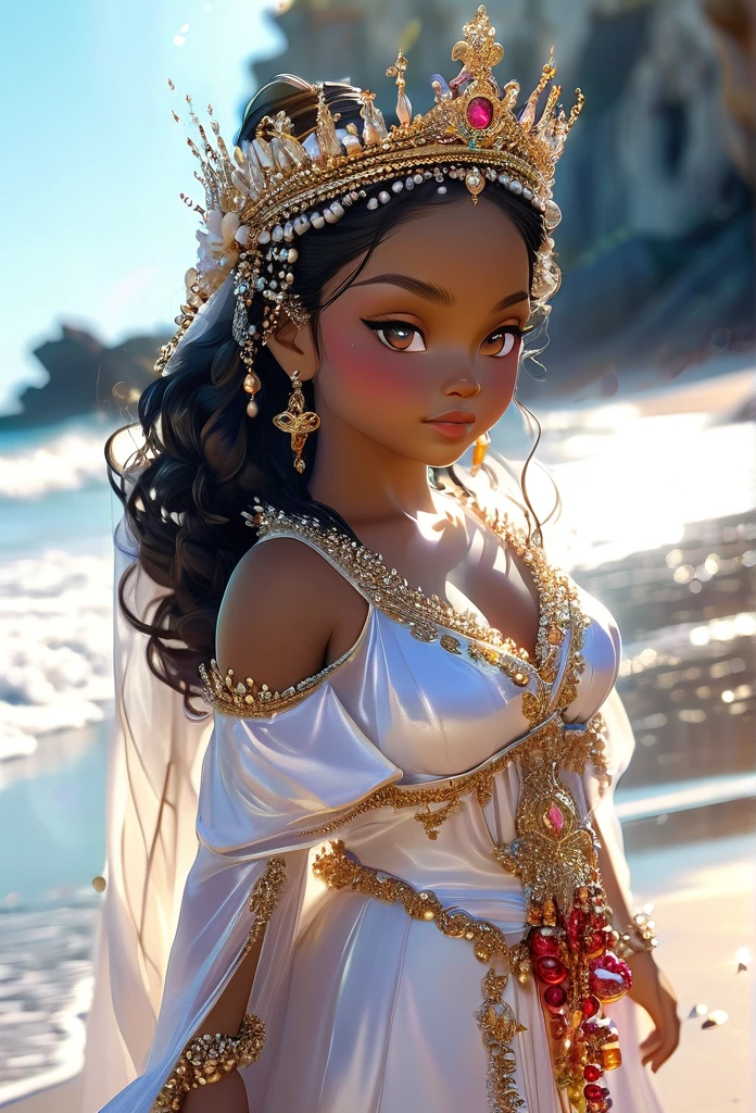 (((QUEEN YEMANJÁ )))on a BEACH with SHELLS STARS OF THE SEA a bright light, Sorceress, beautiful female sorceress, (( Yemanjá UHD ))) With a beautiful crown of shells and pearls, volantes+ribbons+detailed in tone , It should look charming and beautiful, Keep the iconic elements of the original character. Yemanjá must have a sensual round face with large dimensions, clear eyes, long eyelashes and rosy cheeks. Your hair should be in great black tones . Elegant like a queen : Vista-se Chibi em um luxuoso e elegante vestido com detalhes standingrolas dourada . She wears a veil on the shore, The character&#39;s costume is a beautiful light blue lace dress. . standing, . Magic Accessories: Add charming accessories to the chibi, shell necklaces and earrings .Be sure to add shadows, textures and details in the hair, yemanjá accessories, to make you even more charming and charming. Give him a smiling expression and a smile on his face, Capturing the essence of the character in a subtle way, Delicate hands,( beach scenery, deep surrealistic landscape, yemanjá and its mermaids ) 16K