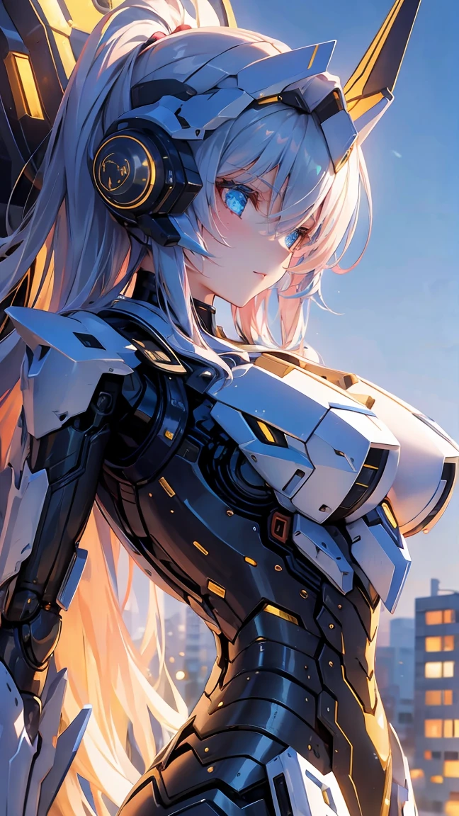 ((masterpiece)), (textured skin), ((high details)), best quality, award winning, 8k, beautiful woman, Mecha girl (black and gold machine parts), metal body, android woman, gradient hair, light blue hair, Night sky, neon lights, megalopolis