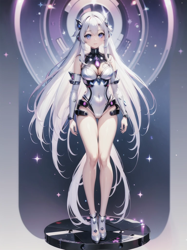 Super cute ai girl with sparkling eyes full body 3D image, 1, Nice eyes, big eyes, beautiful, happy, C4D, Long white hair, Kawaii, Humanoid, AIBionic Man，Silver lines，Metal patch，Mechanical accessories，Bionic Man，脸上Silver lines。