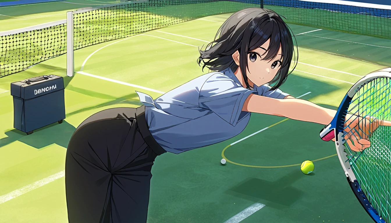 ((best qualityer)), ((work of art)), (detailded), 1 girl,t - shirt ,Bblack hair,pants,tennis