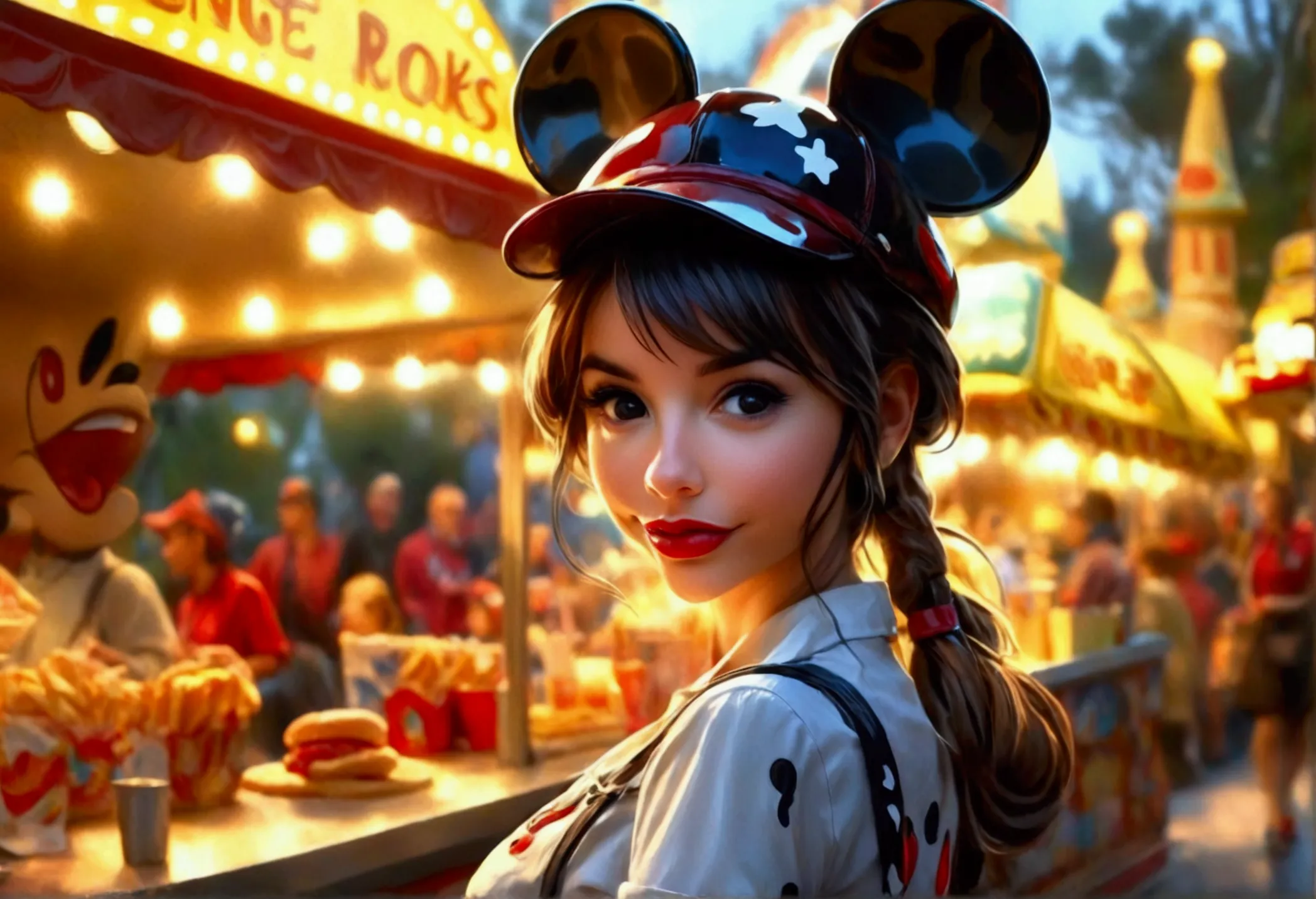 a cute woman, disney land sexy uniform(mickey mouse hat), working at a hot dog stand, near the entry to a disney land ride, show...