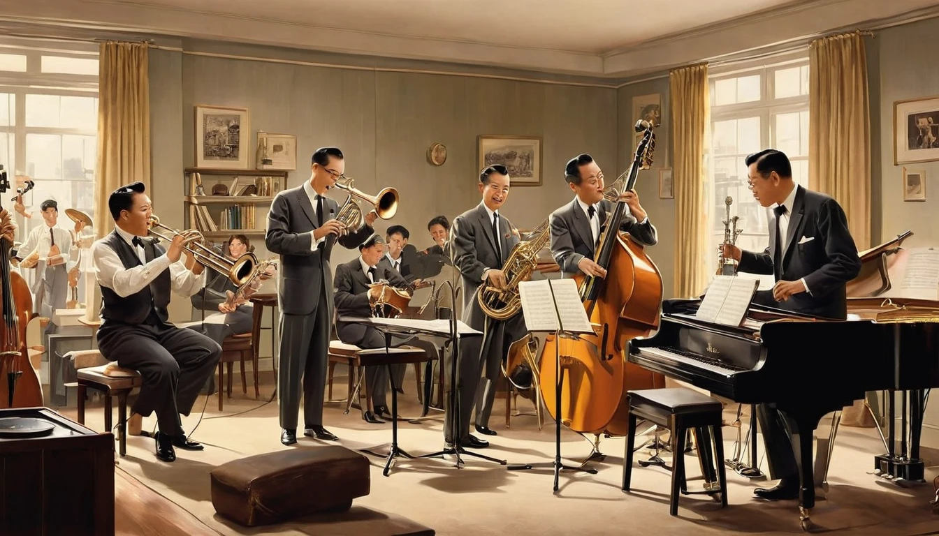 Jazz band playing in the room、womanは美peopleで色っぽい、1950s、Design drawings from the 50s、Each has an instrument、woman３people、There is movement、