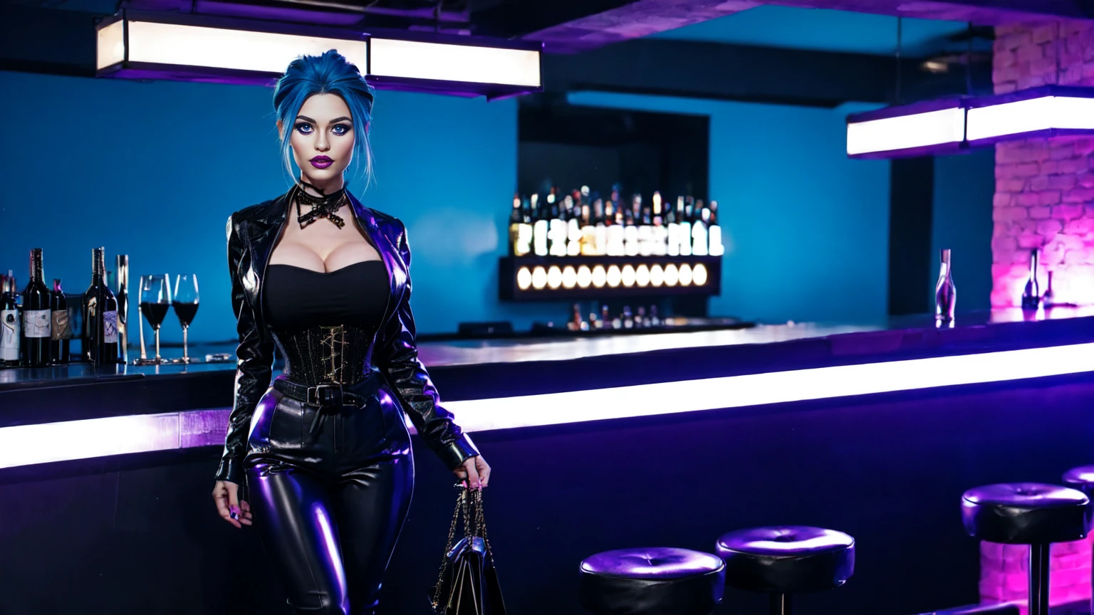 jinx, blue hair, blue leahter corset, black jacket, big breast, blakc tight leahter Trousers, purple belt, black long high heels boots, standing in nightclub bar