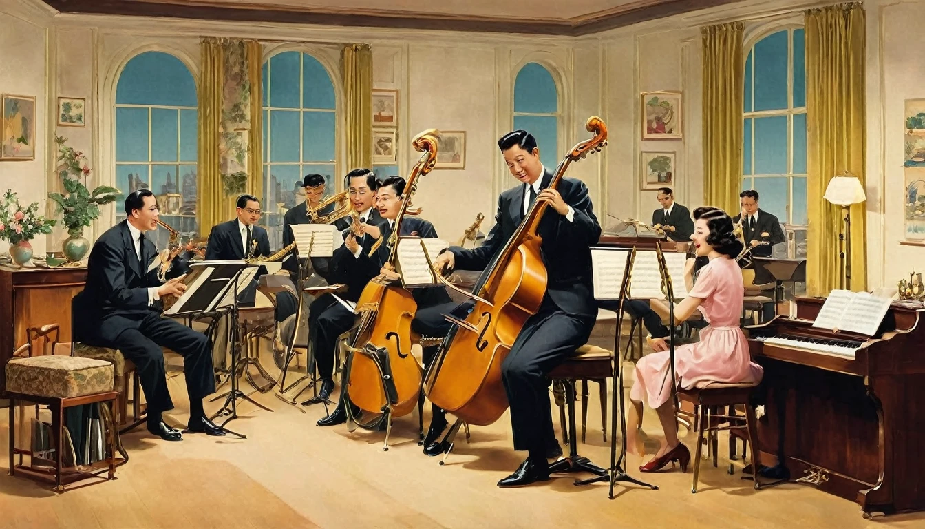 Jazz band playing in the room、womanは美peopleで色っぽい、1950s、Design drawings from the 50s、Each one is playing an instrument、woman３people、There is movement、woman３people、