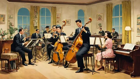 Jazz band playing in the room、womanは美peopleで色っぽい、1950s、Design drawings from the 50s、Each one is playing an instrument、woman３peop...
