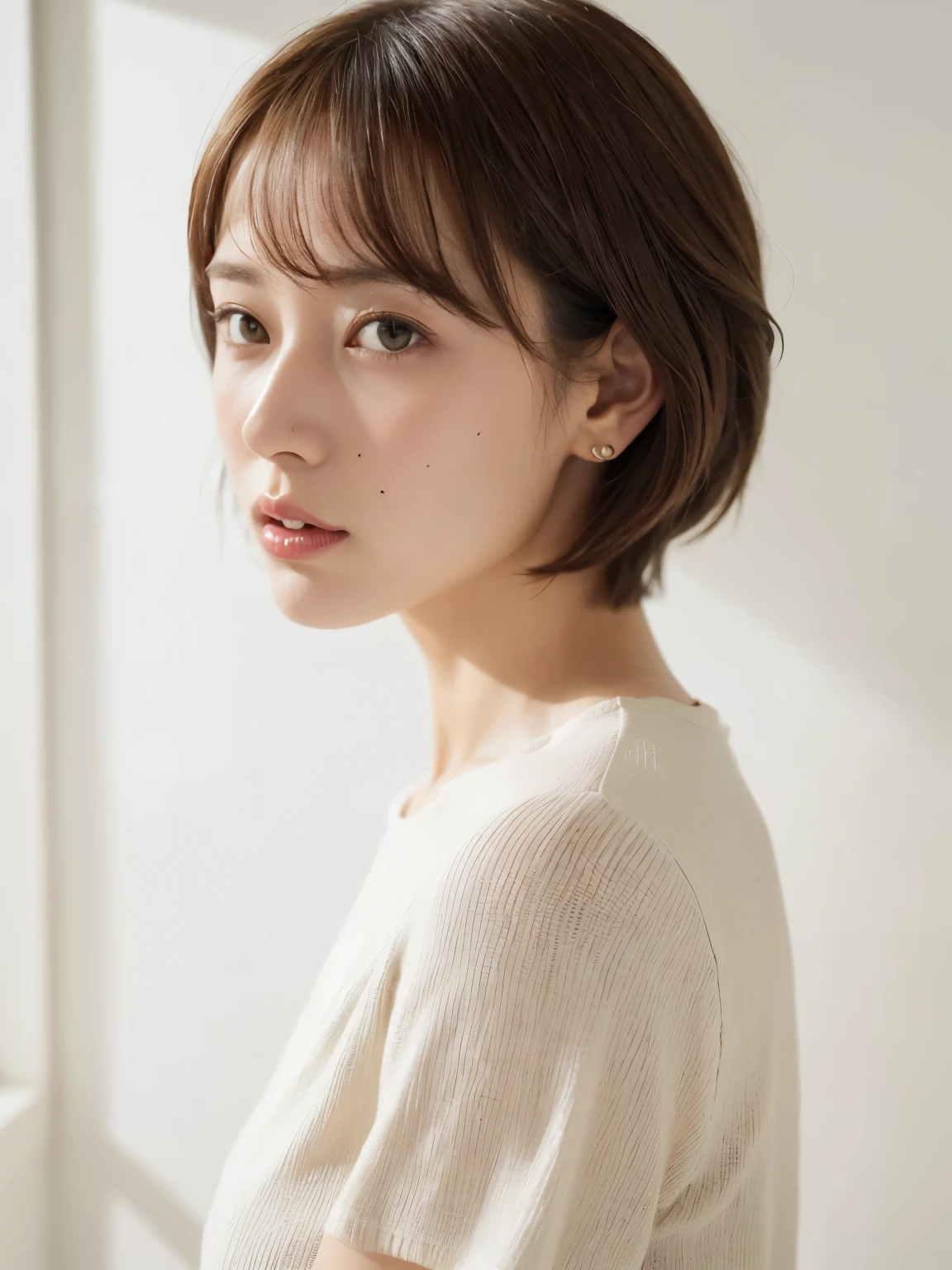 Stylish short sleeve tops、(White wall in the background、Hair color is light brown)、(White wall in the background、profile)、Layered Cut、(In a room with white walls and a window)、Very delicate hair、(In a room with white walls and windows)、((Highest quality、8K、masterpiece:1.3))、Ultra-high resolution、(photoGenuineistic:1.4)、RAW Photos、Japanese,(detailed aspects)、Genuine、Photographed in natural light、Highly detailed face and skin texture、Highly detailed lips、The correct state of the human body、Shortcuts、Short Hair、Various poses、Natural color lip