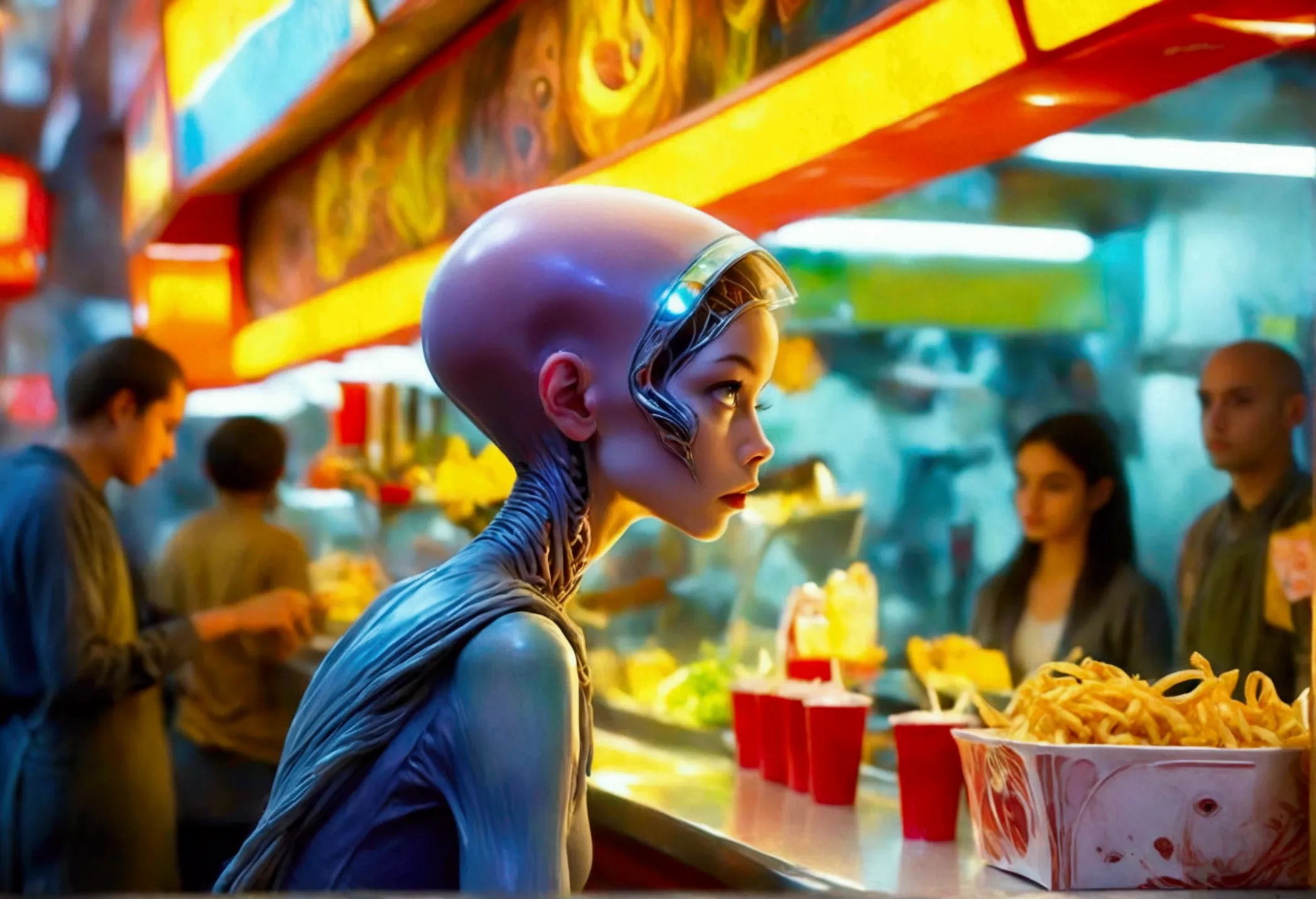 an alien fast food worker (human, age 18, female, shaved head, hypnotized,, minimal clothes, brain parasite), working the counte...