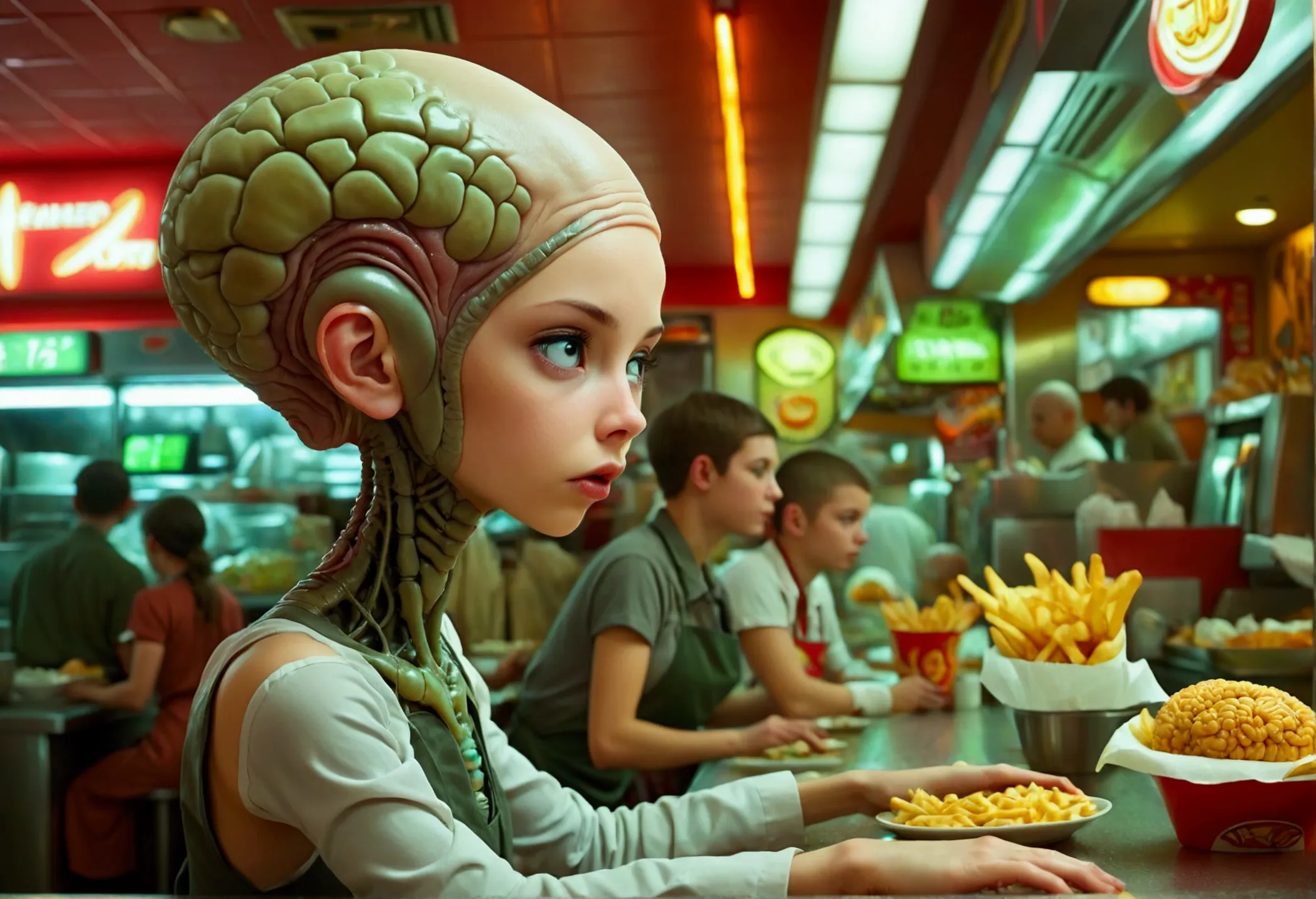 an alien fast food worker (human, age 18, female, shaved head, hypnotized,, minimal clothes, brain parasite), working the counte...