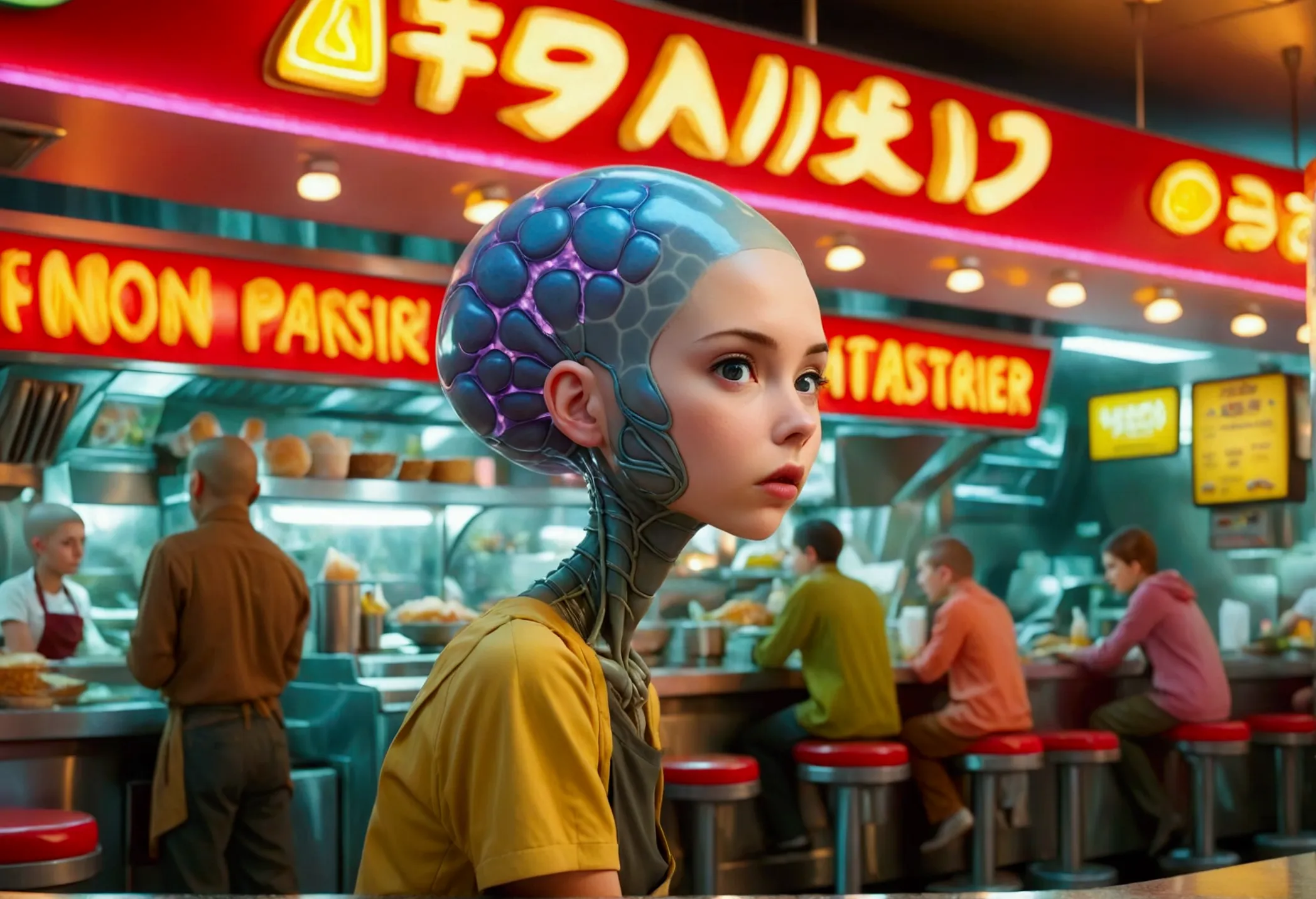 an alien fast food worker (human, age 18, female, shaved head, hypnotized,, minimal clothes, brain parasite), working the counte...