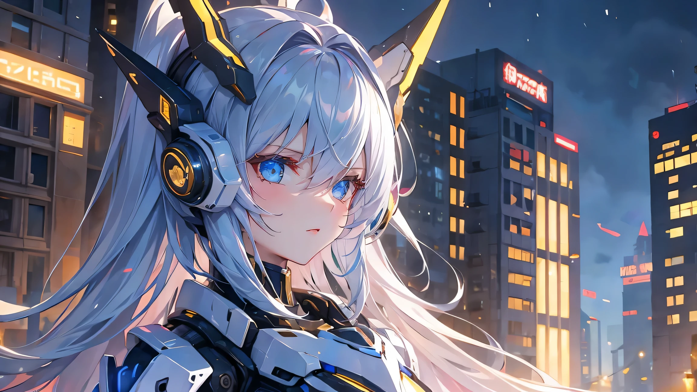 ((masterpiece)), (textured skin), ((high details)), best quality, award winning, 8k, beautiful woman, Mecha girl (black and gold machine parts), metal body, android woman, gradient hair, light blue hair, Night sky, neon lights, megalopolis