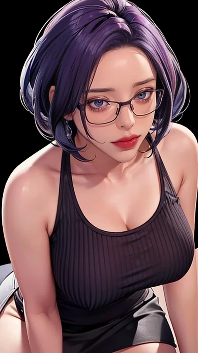 （（（Perfect number，number，Gray sweater, Black skirt, black，（（（JMT,Glasses,Purple Hair,short hair,Purple Eyes,Mijondev，Purple Eyes，Purple Hair，Medium Length Hair，）））型number:1.7））），((masterpiece)),high resolution, ((Best quality at best))，masterpiece，quality，Best quality，（（（ Exquisite facial features，Looking at the audience,There is light in the eyes，Happy，Interweaving of light and shadow，Huge breasts））），（（（Looking at the camera，BLACK background，Bend forward）））