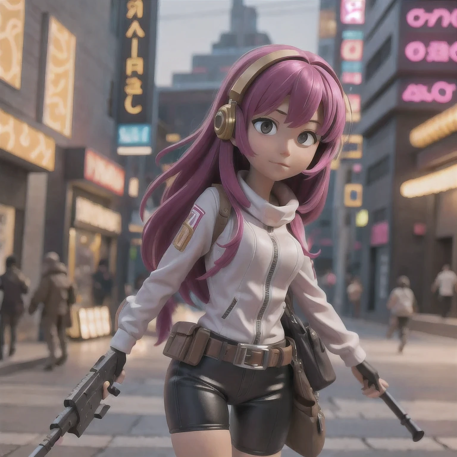 fish
1girl
bangs
blurry
blurry background
blurry foreground
breasts
brown eyes
closed mouth
depth of field
gun
long hair
looking at viewer
mecha
mole
motion blur
multicolored hair
pink hair
smile
solo
thigh strap