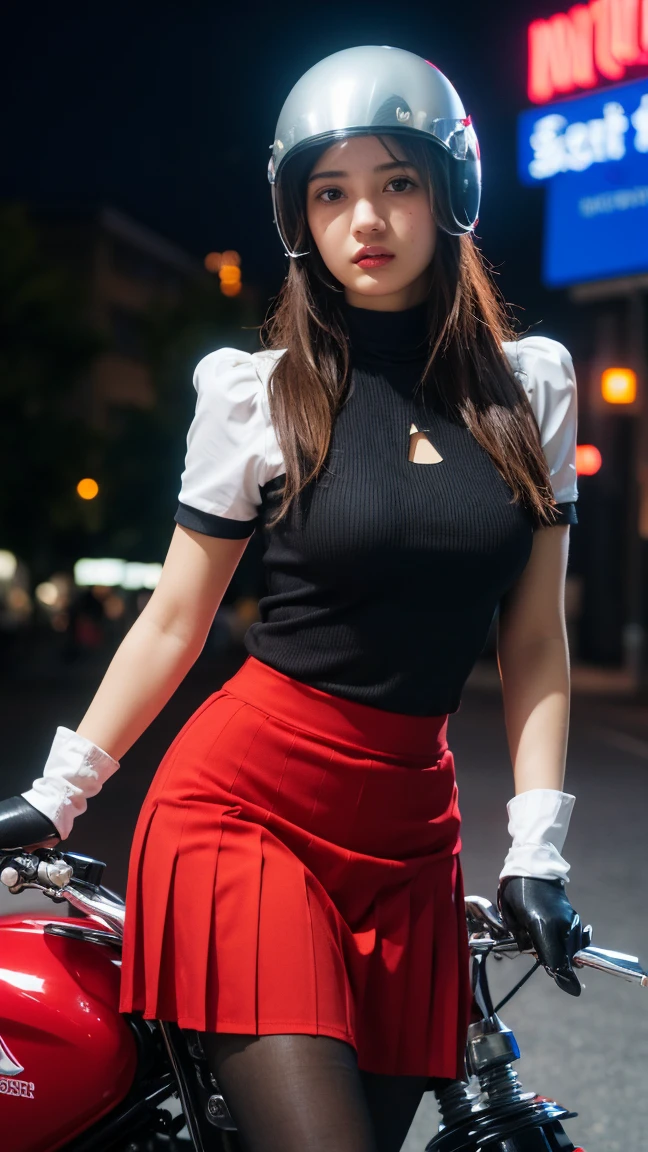 (((Highest quality))),(((Very detailed))),(((masterpiece))),figure,(1 beautiful girl,alone),((slim,thin)),((Large Breasts,Soft Breasts)),(Helmet:1.3),Shoulder-length straight bob hair,slim 다리,cyber punk, street,university student,(Riding on motorcycle:1.3), Smooth, (White collar short sleeve shirt:1.3),(gloves:1.2),(red color pleated skirt:1.3),(pantyhose:1.3), Stylish boots, trust, crystallization, Dark Street,Neon Light, skyscraper, Urban noise, traffic jam, siren, City Sounds, Futuristic, Dystopian society, technology, fashion, Explosive cocktails, style, , modernity, manner, soul, anything is possible,((in front,Upper Body))