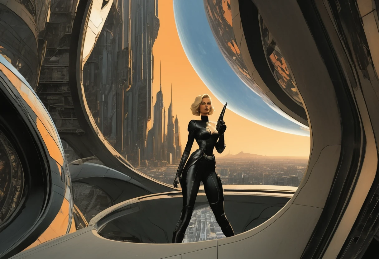 faithful image of actress Charlize Theron, 20 years old and dressed as Aeon Flux, linda, She is crouching on the metal floor and pointing her finger at the sky between the rounded buildings of an abandoned, ultra-futuristic megalopolis city, the city has many metallic buildings with mirrored glass in light colors that reflect the sunlight, alien architecture, the city has shades of metal gray, has beautiful metal structures, dark ultrafuturistic cars on the streets, desert megalopolis, many tall rounded buildings on the horizon, tall futuristic metal buildings, many ultramodern buildings around, as realistic as possible, as detailed as possible, Science fiction, there are 2 planets in the sky through the dense atmosphere
