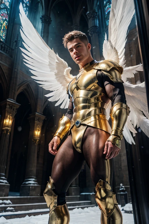 ultra high res, best quality, photo, 4k, (photorealistic:1.4), cinematic lighting, a male angel with large translucent wings,muscular man, abdominal muscle, wearing medieval gold armor, detailed feathers, cyberpunk environment, snow and  environment in the background, cathedral of , portal of the future, volumetric light, HD, magic, god light, backlighting, detailed face, contrapposto,