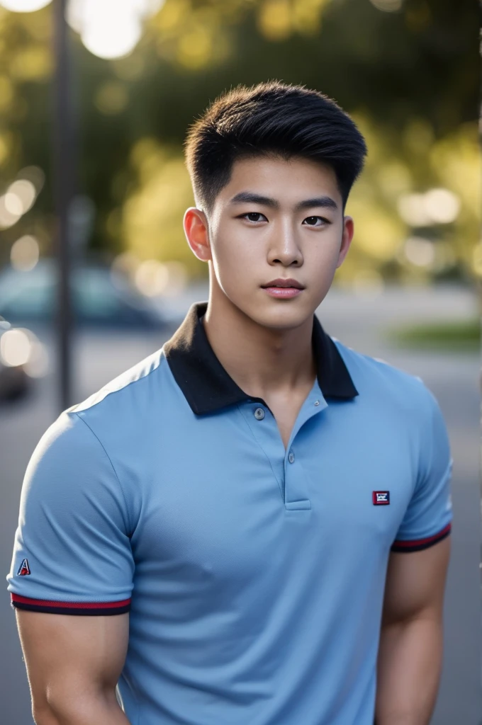 ((realistic daylight)) , Young Korean man in a black polo shirt and jeans, A handsome, muscular young Asian man looks at the camera. In a simple t-shirt blue and red , roadside traffic ,((look sideways))