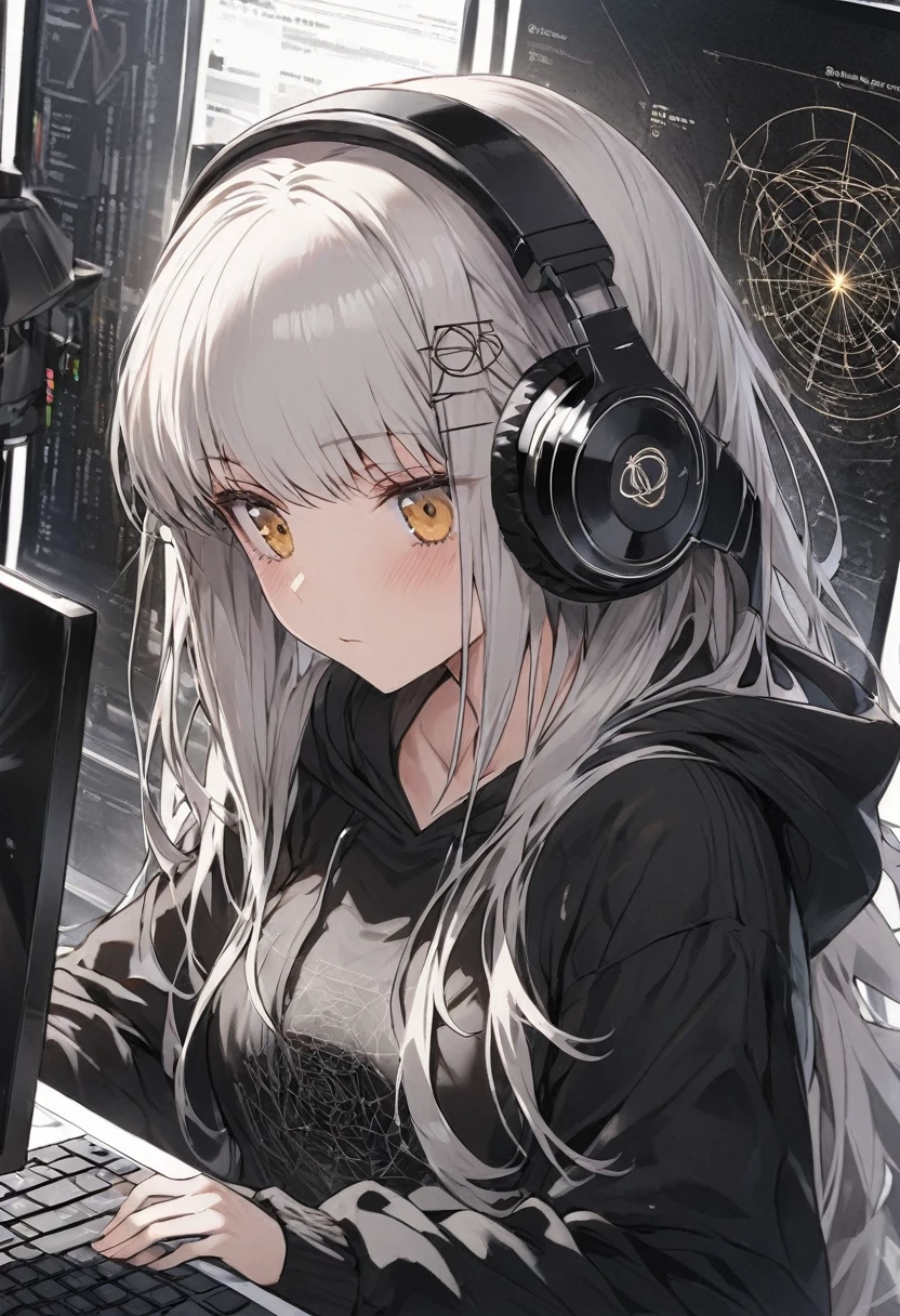 Woman using computer with big screen、Silver Hair、Semi-long hair、Wearing cool headphones,{{{{{{{{ Oversized black hoodie }}}}}}}},Beautiful and delicate golden eyes,thought,Black clothes, Detailed Background, Golden Ratio, High-definition writing, 