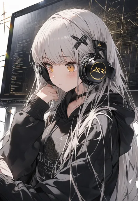 woman using computer with big screen、silver hair、semi-long hair、wearing cool headphones,{{{{{{{{ oversized black hoodie }}}}}}}}...